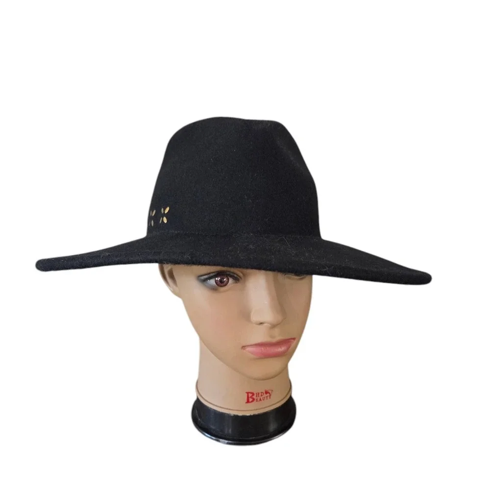 Universal Thread Co. Black Wide Brim Wool Fedora Hat‎ Brass Accents UNISEX
